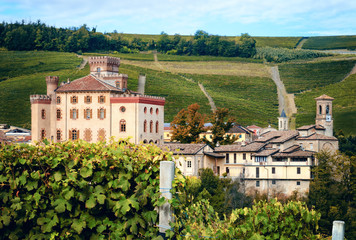 Panorama of Barolo (Piedmont, Italy) with the town, the medieval castle and the vineyards. Barolo is the main village of the Langhe wine district