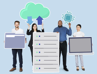 Happy diverse business people holding office technology icons