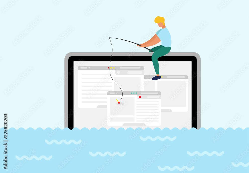 Fototapete a man sit on computer trying to catch webpage on the hook. in ocean of ideas find your web design. f