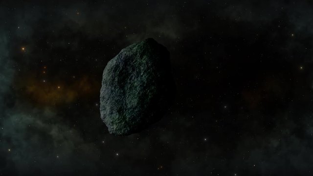 Asteroid in the solar system spinning slowly towards the viewer. 