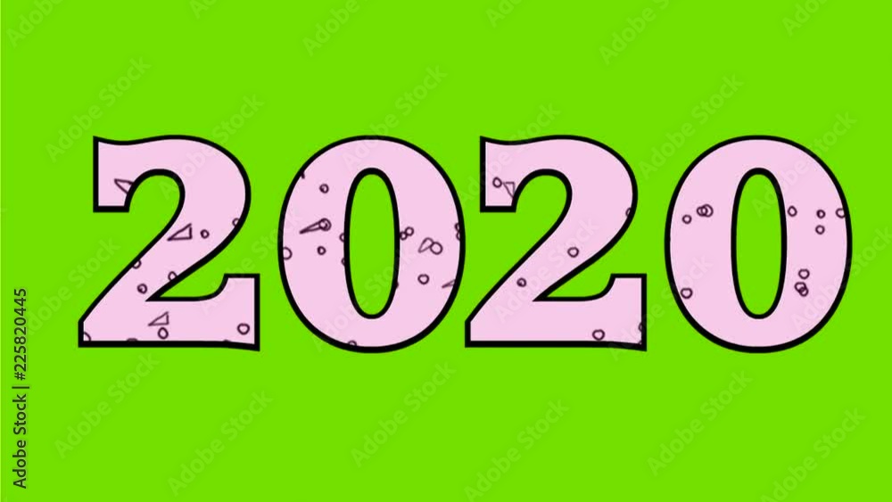 Poster 2d animation motion graphics showing a drawing of the new year 2020 with confetti flowing on white a