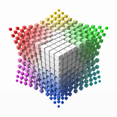 Naklejka premium small colorful cubes builds up color theory cube. smaller cubes on corners. 3d style vector illustration.