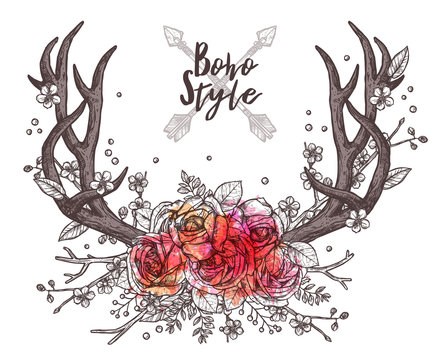 Hand Drawn Deer Horns With Flowers. Boho And Hipster Illustration In sketch Style