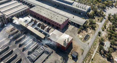 industrial air pollution concept, factory near the city, aerial view f