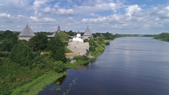 Flight over the Staraya Ladoga fortress and the Volkhov River, Russia, 4k