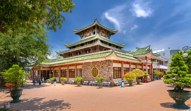 An Giang, Vietnam - September 11, 2018: Buddha visit at Ba Chua Xu temple with beautiful architecture in sunny afternoon. This is Gods Sacred female saint shrine worship in An Giang, Vietnam.