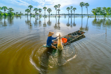 An Giang, Vietnam - September 12, 2018: Unidentified fishers spread a net to catch fish in a lake when sunrises behind every palm tree beautifully adorn the beauty of rural areas in An Giang, Vietnam