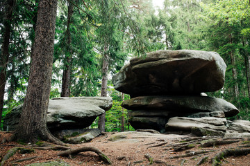 Chybotek, balancing rock in Szklarska Poreba, Giant Mountains, Poland.