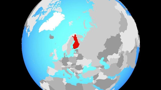 Zoom to Finland on blue political globe. 3D illustration.