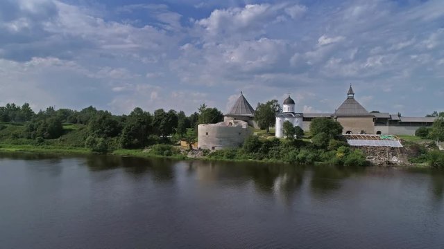 Flight over the Staraya Ladoga fortress and the Volkhov River, Russia, 4k
