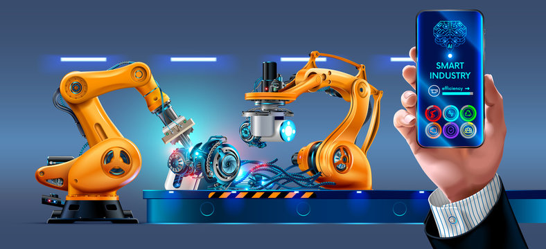 Businessman management smart factory with robotic arms and conveyor via smartphone connected to the Internet. Phone application displaying infographic and statistics of automation manufacturing.