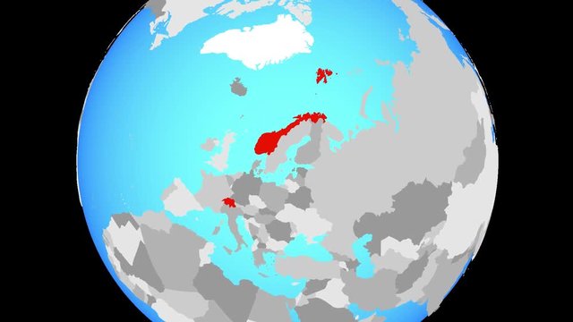 Zoom to EFTA countries on blue political globe. 3D illustration.
