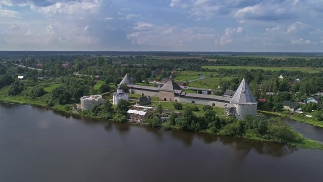 Flight around the Staraya Ladoga fortress on the Volkhov River, Russia, 4k