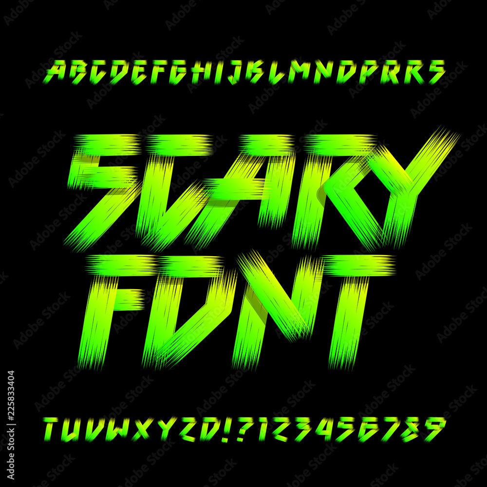 Fototapete scary alphabet font. brush stroke letters, numbers and symbols. hand drawn vector typography for you