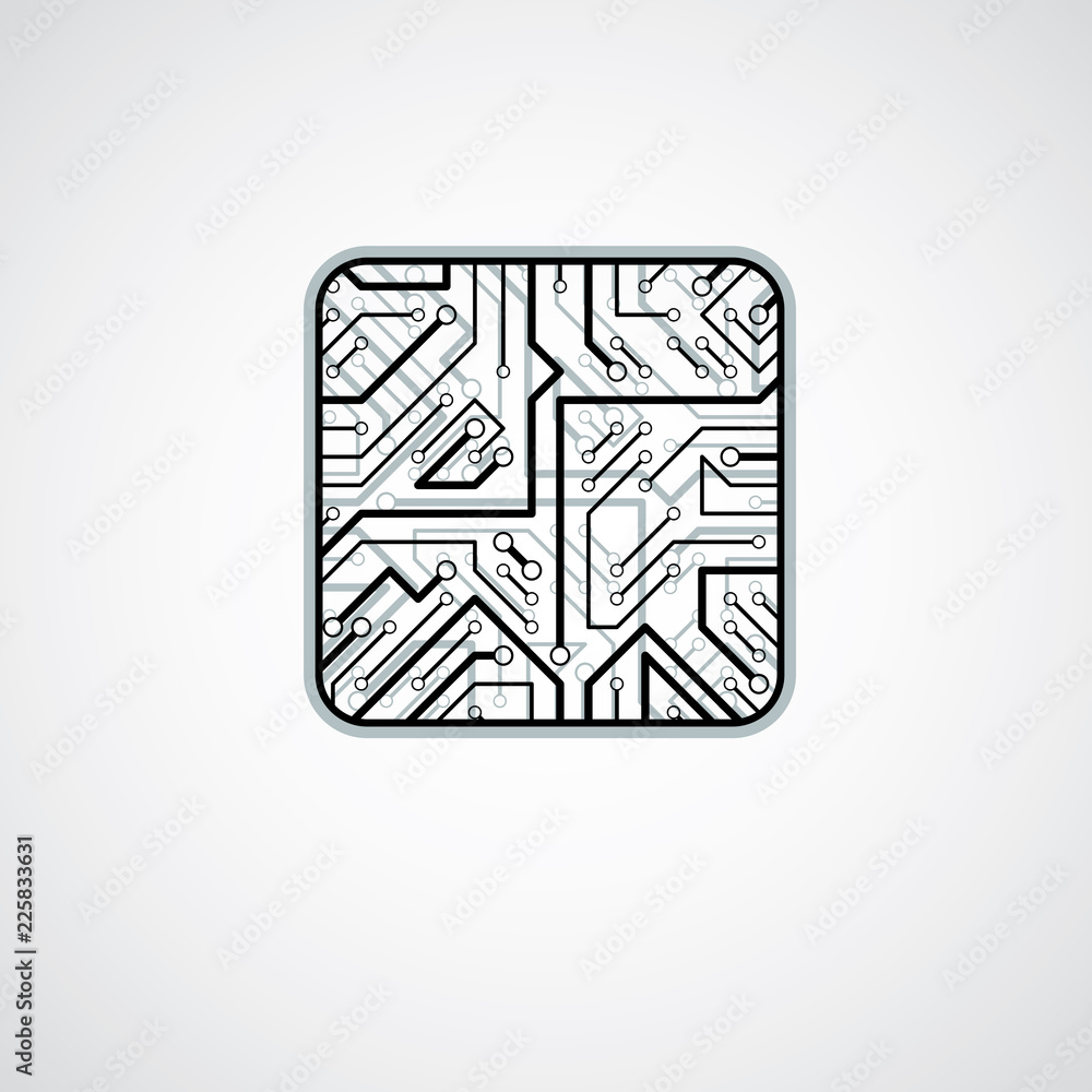 Poster vector technology cpu design with square microprocessor scheme. computer circuit board, digital elem
