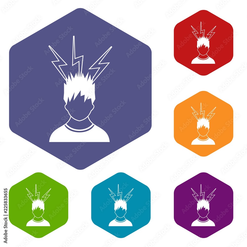Poster lightning above the head of man icons set rhombus in different colors isolated on white background