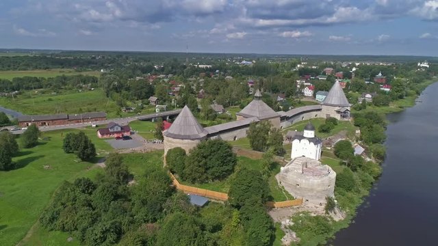 Flight around the Staraya Ladoga fortress on the Volkhov River, Russia, 4k