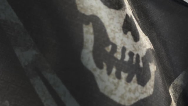A regular jolly roger pirate flag with a skull and cutlasses on a black background attached to a wooden pole on a blue sky background