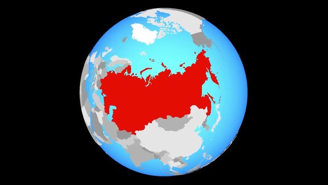 Zoom to Soviet Union on blue political globe. 3D illustration.