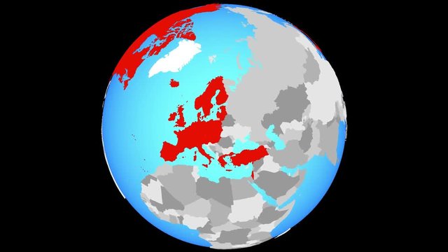 Zoom to OECD European members on blue political globe. 3D illustration.