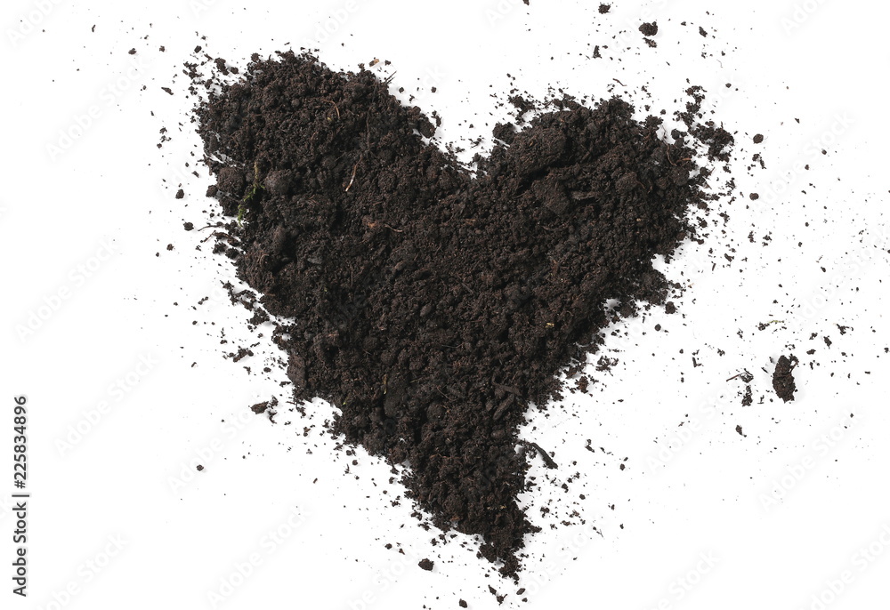 Wall mural soil, dirt pile in heart shape isolated on white background, top view