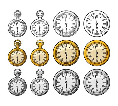 Antique pocket watch and wall clock. Vector engraving