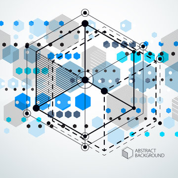 Isometric abstract blue background with linear dimensional cube shapes, vector 3d mesh elements. Layout of cubes, hexagons, squares, rectangles and different abstract elements.