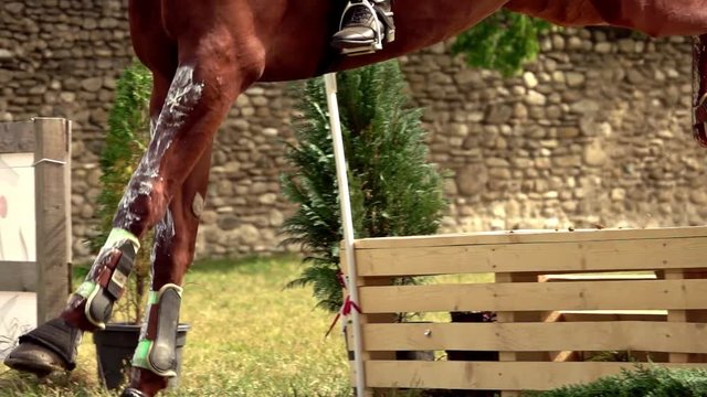 rider with horse, jumping a hurdle. Equestrian Sports. Slow motion
