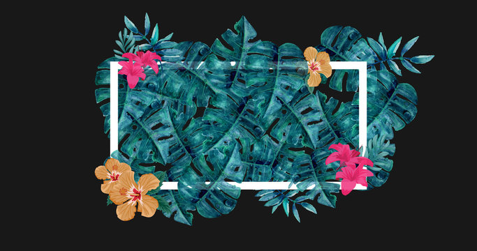 Tropical leaves and flowers in white frame