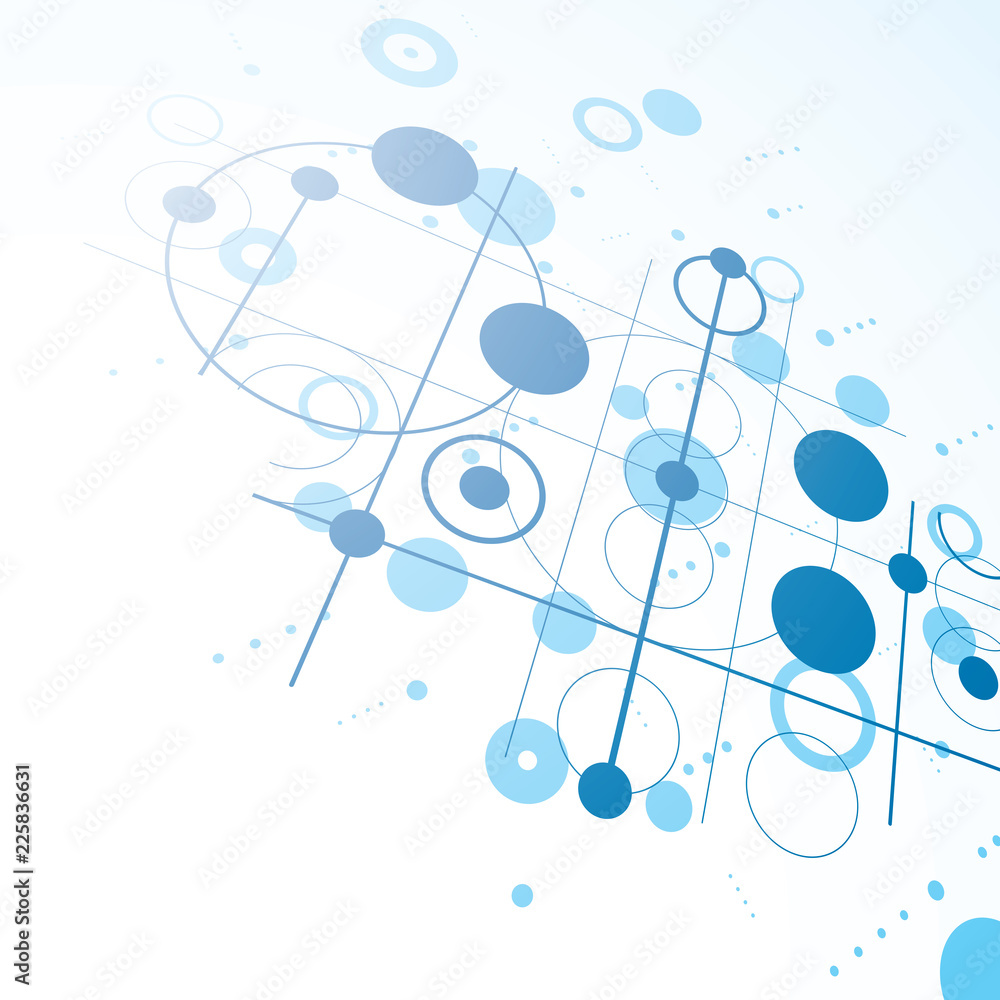 Poster bauhaus art dimensional composition, perspective blue modular vector wallpaper with circles and grid
