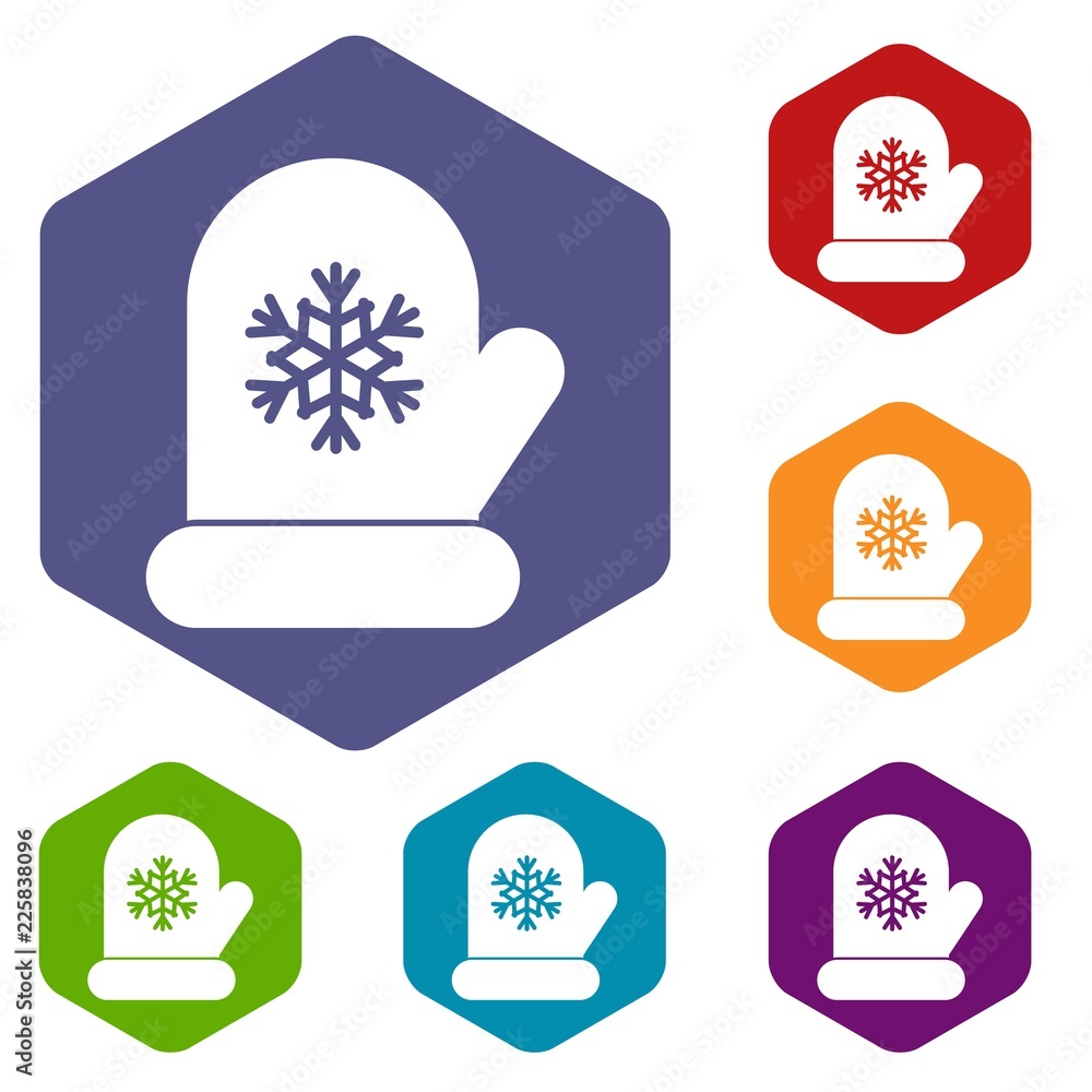 Poster mitten with white snowflake icons set rhombus in different colors isolated on white background