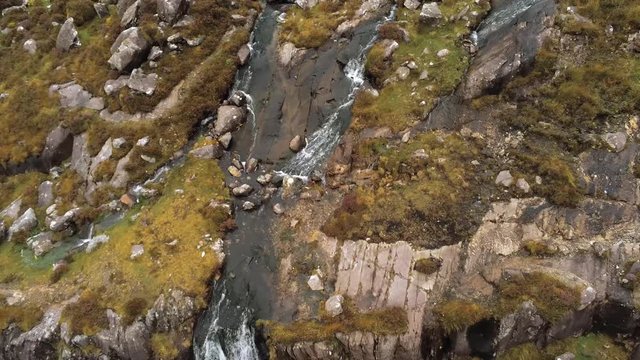 Flight over Torc Waterfall at Connor Pass on Dingle Peninsula in Ireland