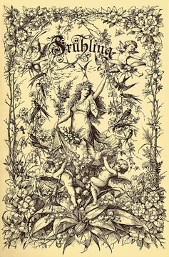 Beautiful vintage frontispiece chapter decoration dedicated to the spring season with Fruehling written in old German characters, then putti,floral goddess,flowers and birds