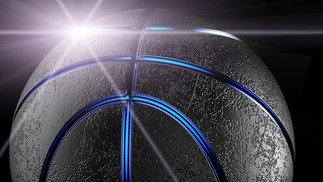 Basketball with blue flash light under black background. 3D illustration. 3D high quality rendering.