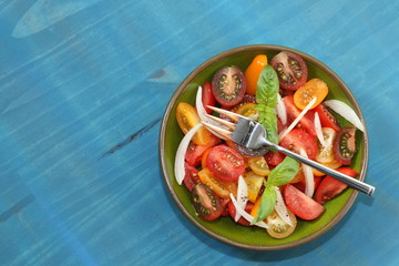 Bowl with tomatoes salad, onion and basil.