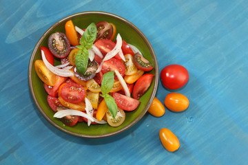 Bowl with tomatoes salad, onion and basil.