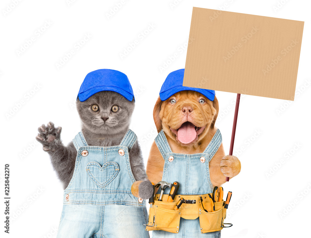 Poster funny puppy and kitten worker in blue caps with tool belt holding blank banner mock up on wood stick