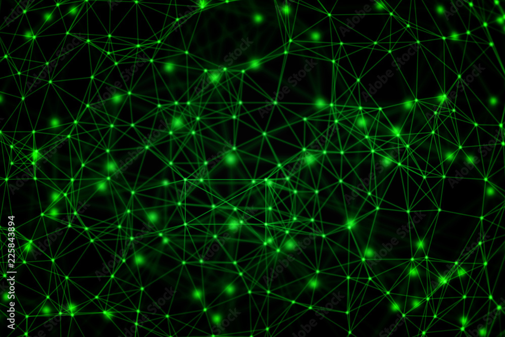 Poster green digital data and network connection triangle lines for technology concept on black background,