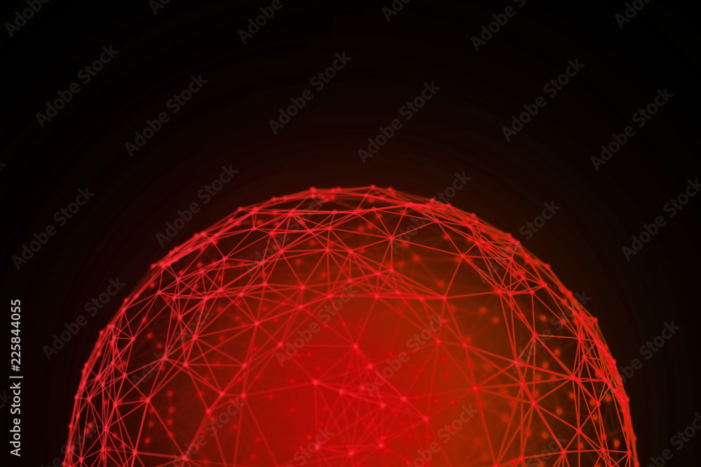 Poster red sphere shape ball with digital data and network connection triangle lines for technology concept