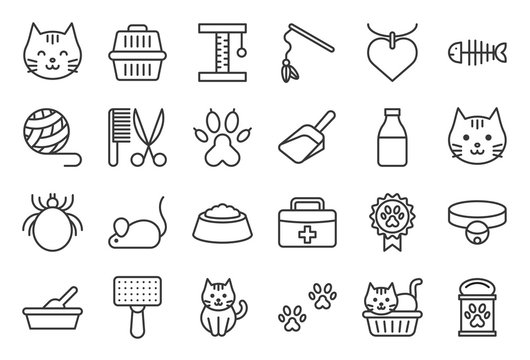 cute cat related icon such as cat litter box and toy, outline editable stroke