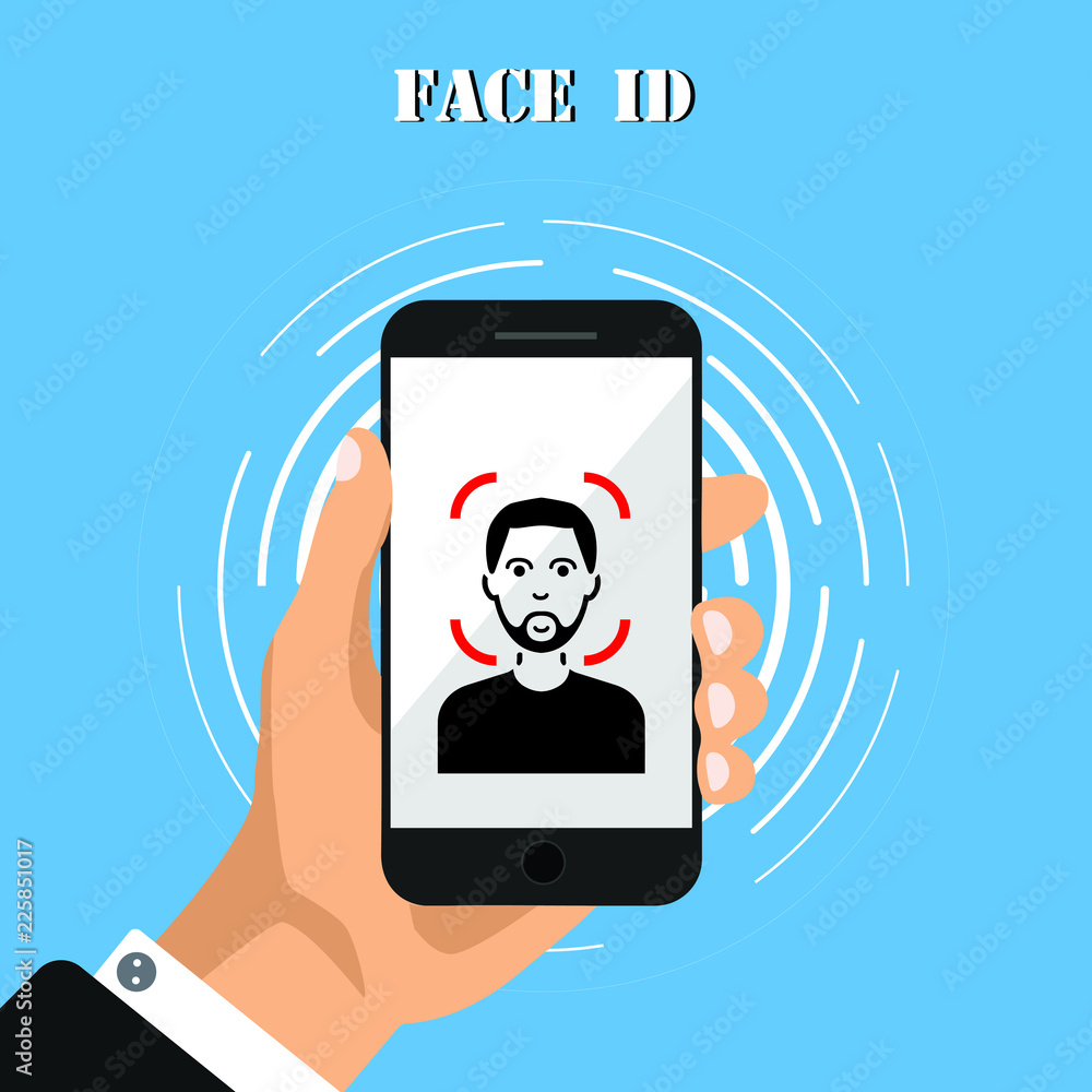 Poster hand holds phone with face id icons on scren. face scanning process icons. facial recognition system