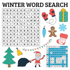Learn English with a winter word search game for kids. Vector illustration. - 225853056