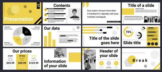 Design of a business presentation template with yellow, black and grey colours. Vector set of infographic elements for marketing, advertising or annual report. - 225853097