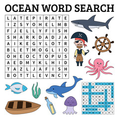 Learn English with Ocean word search game for kids. Vector illustration. - 225853210