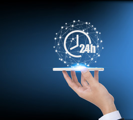 24h Open hours vector icon cover by social network connection, Non stop working shop or service symbol, All day working time sign.