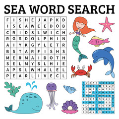 Learn English with a sea word search game for kids. Vector illustration. - 225853248