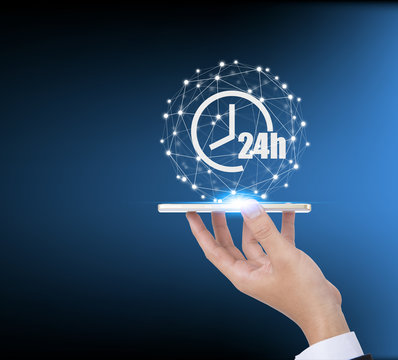 24h Open hours vector icon cover by social network connection, Non stop working shop or service symbol, All day working time sign.