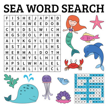 Learn English with a sea word search game for kids. Vector illustration.