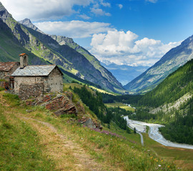 alpine architecture and mountain river in Rhemes, Notre Dame - Powered by Adobe