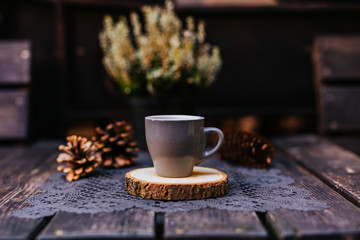 Cappuccino or latte with frothy foam. coffee cup. Cafe and bar, barista art concept. Coffee with milk.